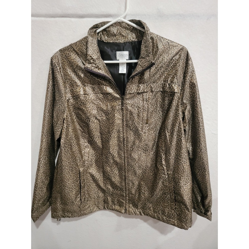 Chico's ZENERGY Brown‎ Black Leopard Print Full Zip Jacket Windbreaker Size 3 XL
